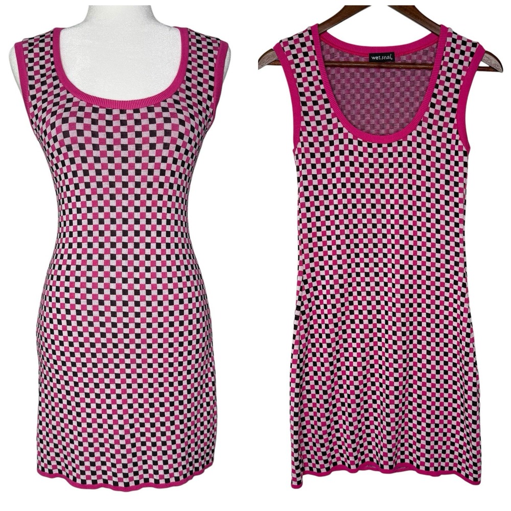 90s‎ Y2K Wet Seal Dress XS S Checkered Gogo Skater Knit Tank Stretch Made In USA